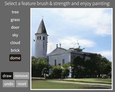 An animation showing interactions with synthesized images of buildinigs, scribbling on areas to add trees, add a dome to the top of a building, remove grass from the ground.